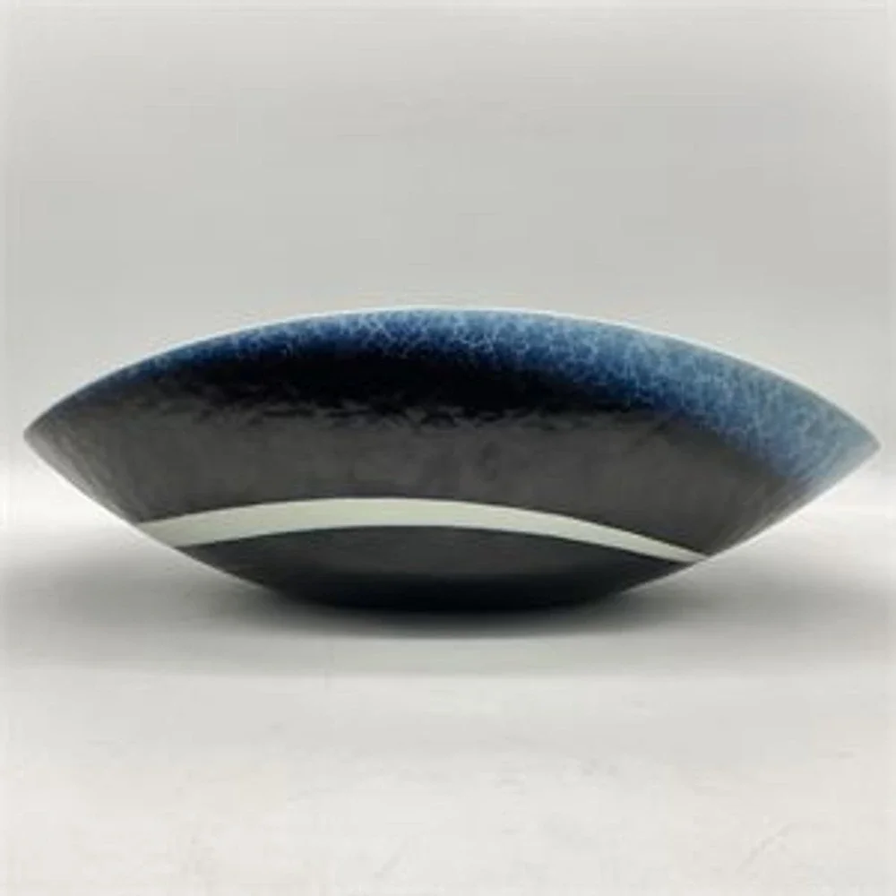 Murano Italy Art Glass Bowl Iridescent Swirl Centerpiece Blue Black Gold Wave